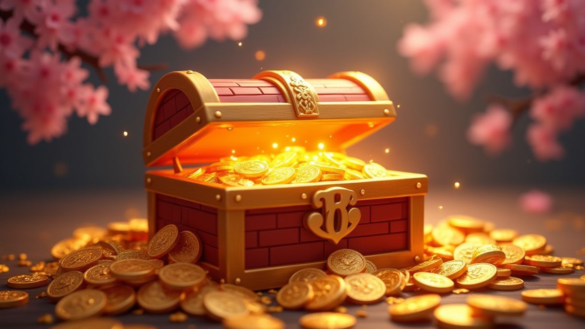 Een schatkist omringd door gouden munten en kersenbloesems.
