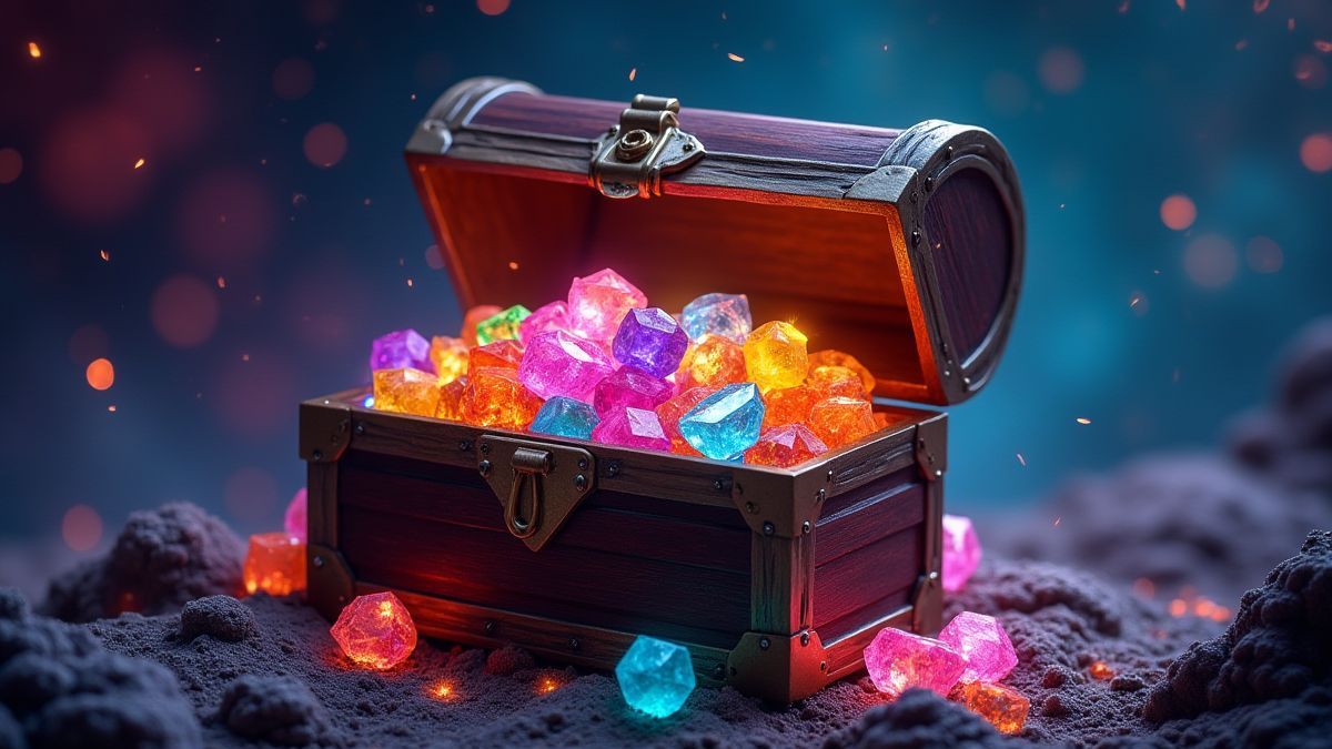 A chest filled with vibrant gems in a cosmic setting.
