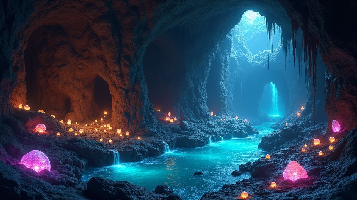 Caverna encantada com gemas brilhantes e tesouros resplandecentes