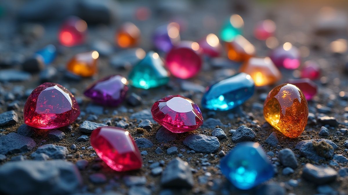 Gemas de cores em um terreno rocoso.