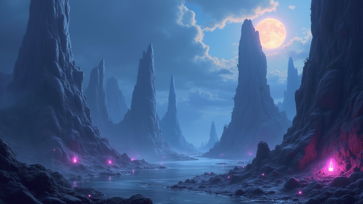 Formações rochosas com gemas brilhantes em um paisagem fantástico.