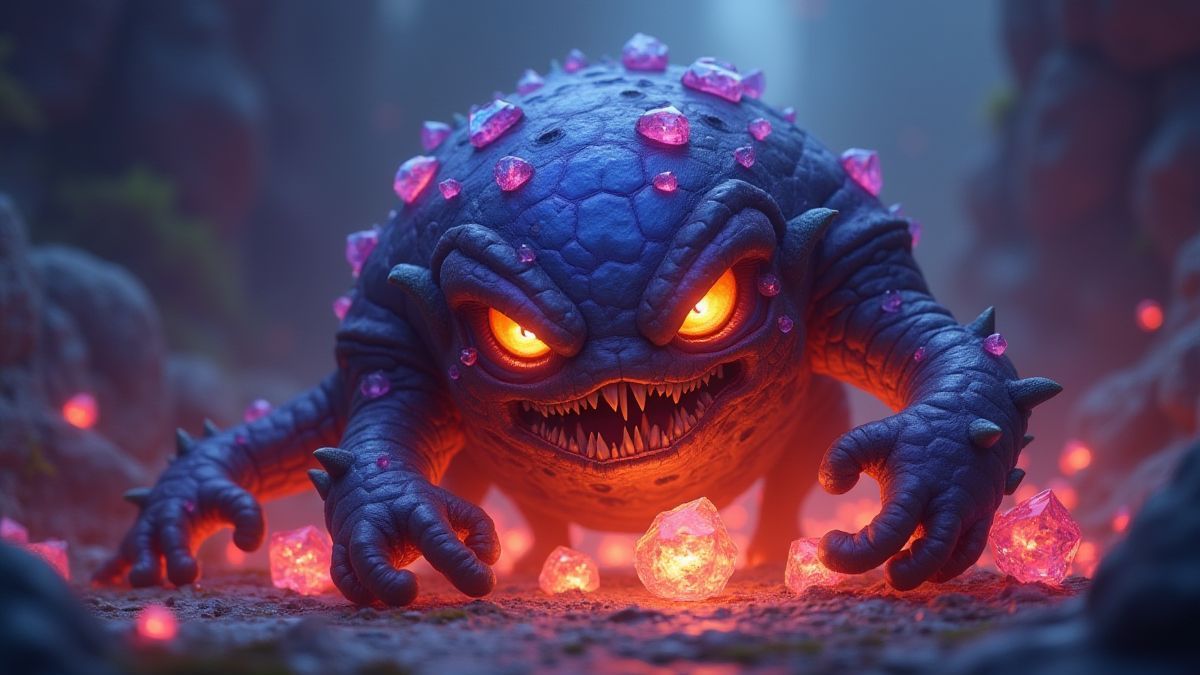 Criatura de rocha rodeada de gemas brilhantes.