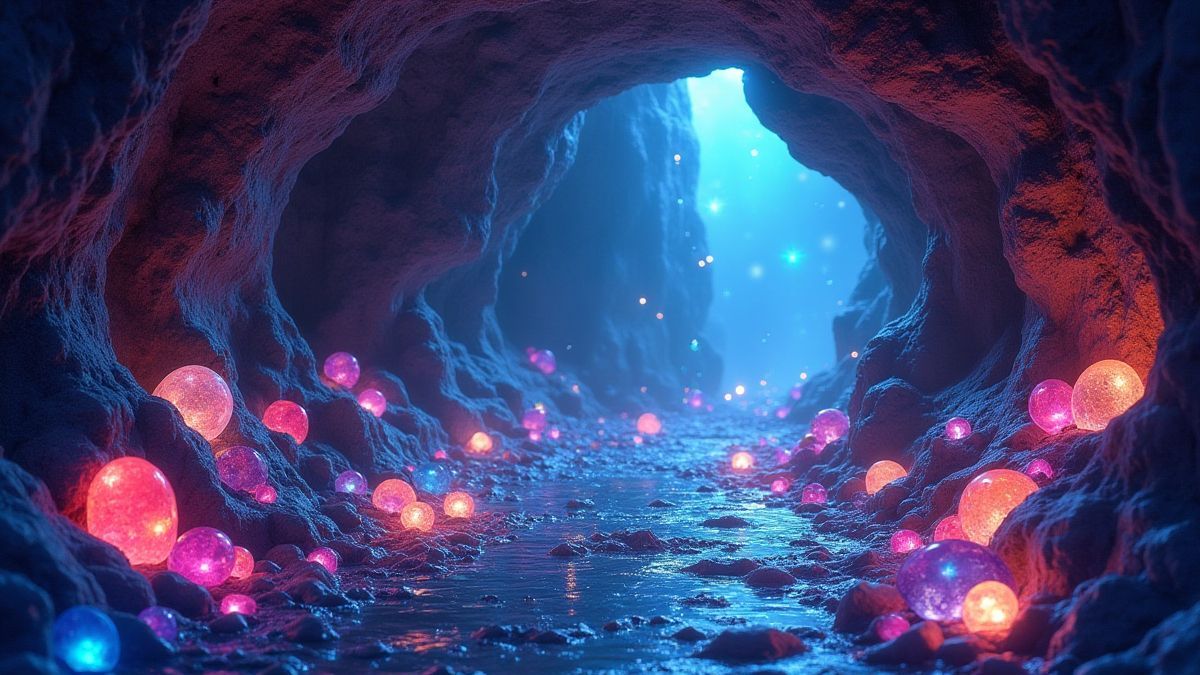 Imagen de una cueva encantada con piedras preciosas brillantes.