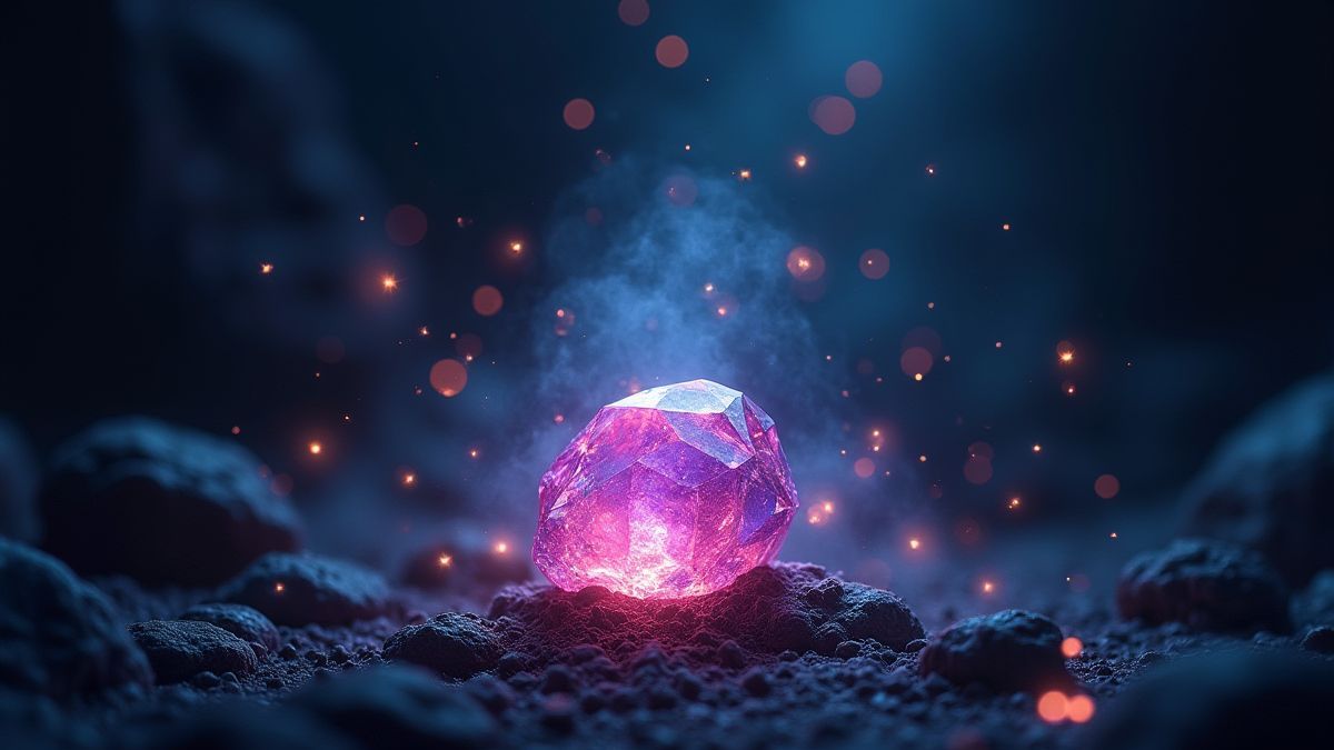 Una gema luminosa en una cueva oscura con destellos mágicos.