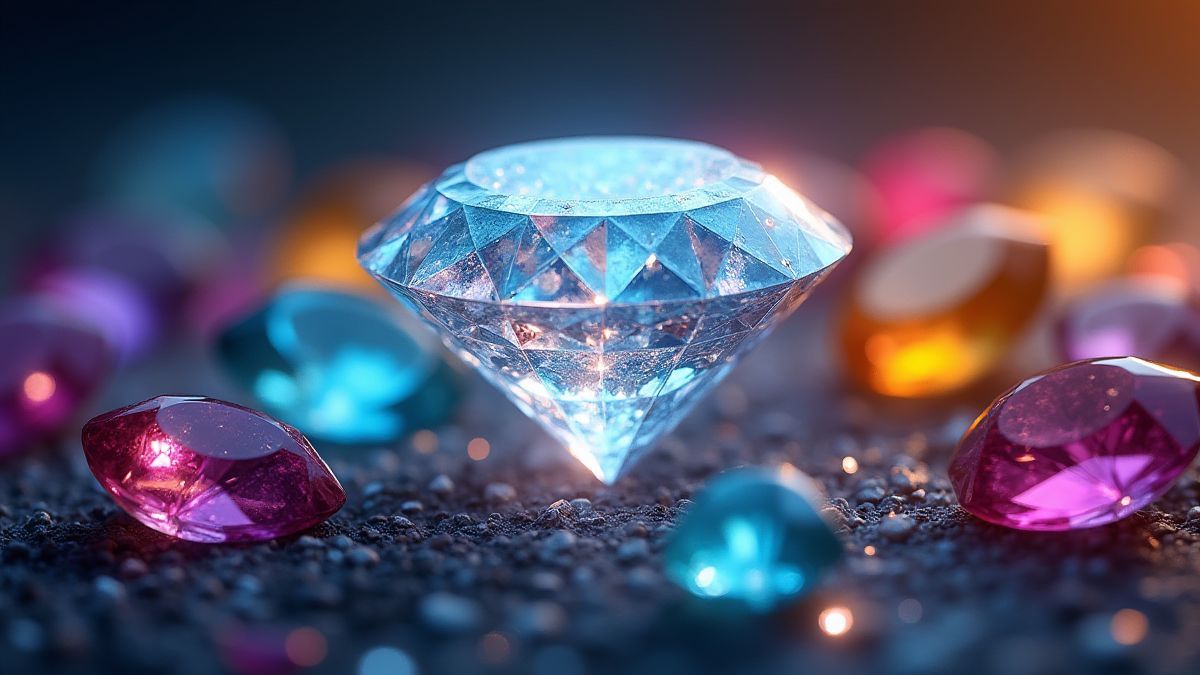 Un diamante brillante rodeado de otras gemas coloridas.