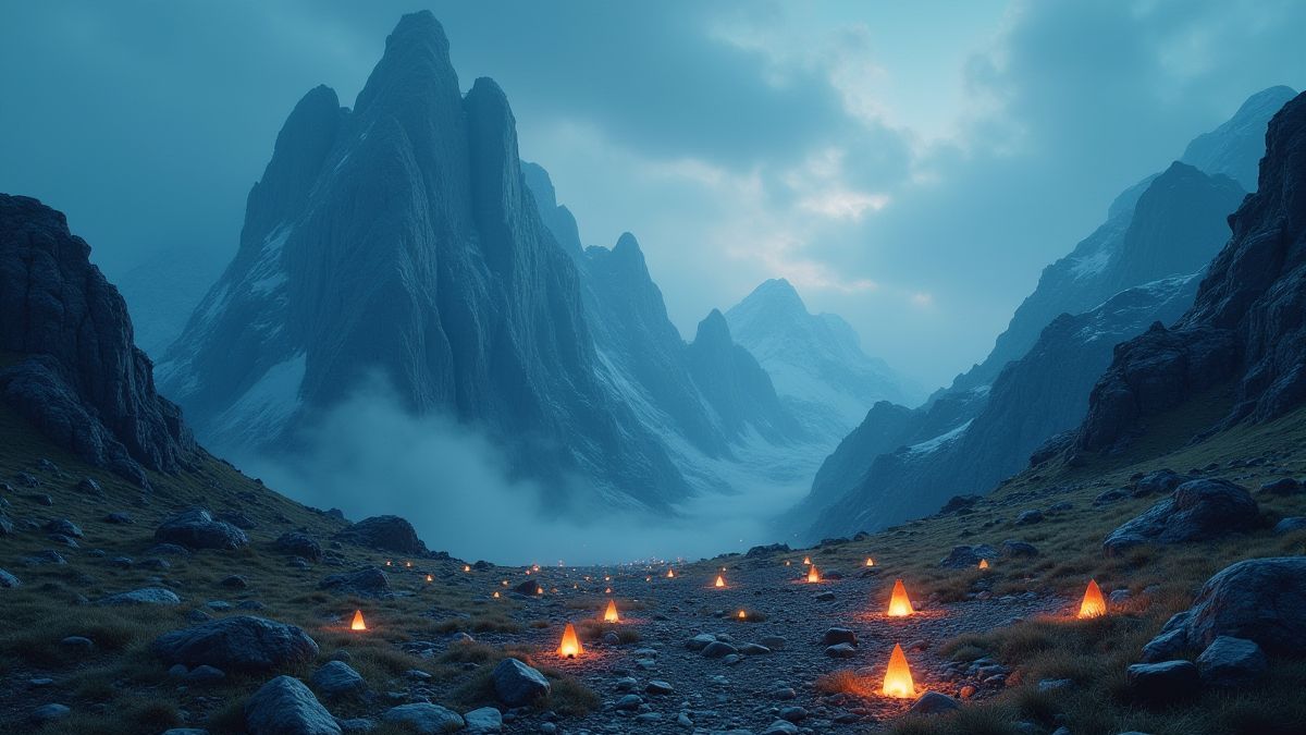 Viking mountainous landscape with shining gems.
