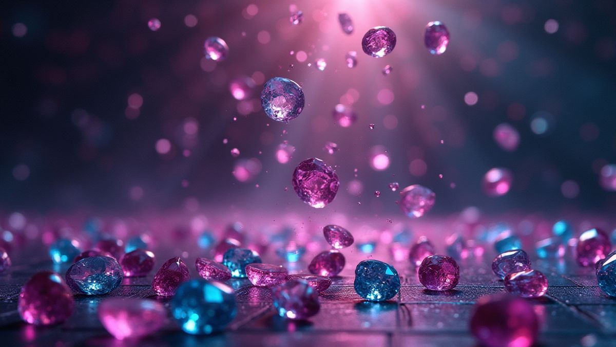Abstract representation of gems falling into a grid.