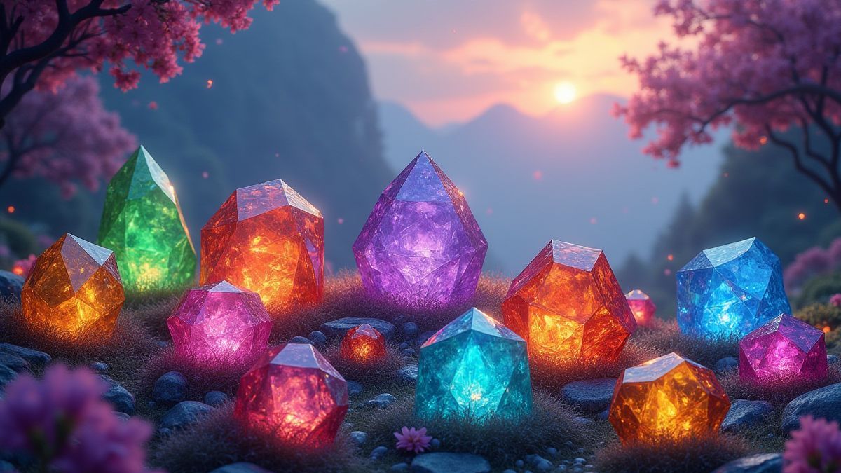 A 7x7 grid filled with bright gems in a magical landscape.