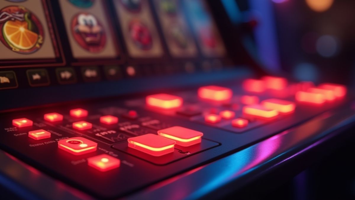 Animiertes Bedienfeld in einer Spielautomaten-Umgebung.