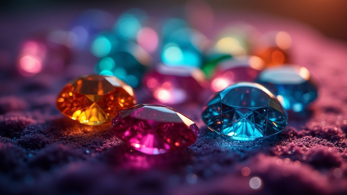 Une vue rapprochée de gemmes brillantes de couleurs sur un fond de velours.