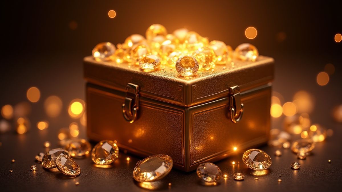 Une boîte à bijoux dorée entourée de gemmes brillantes et d'effets lumineux magiques.