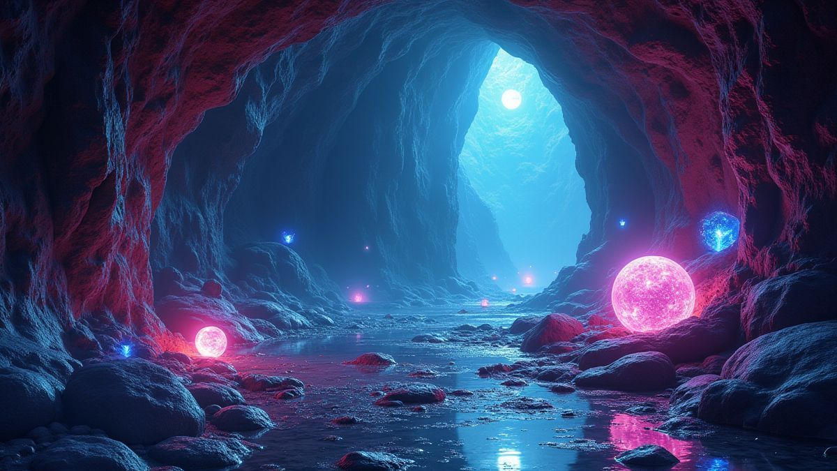 Une caverne magique remplie de gemmes brillantes et de reflets lumineux.