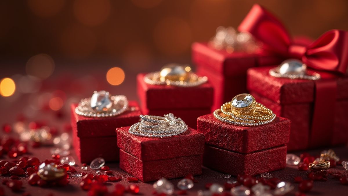 Coffres cadeaux remplis de bijoux dans un cadre élégant.