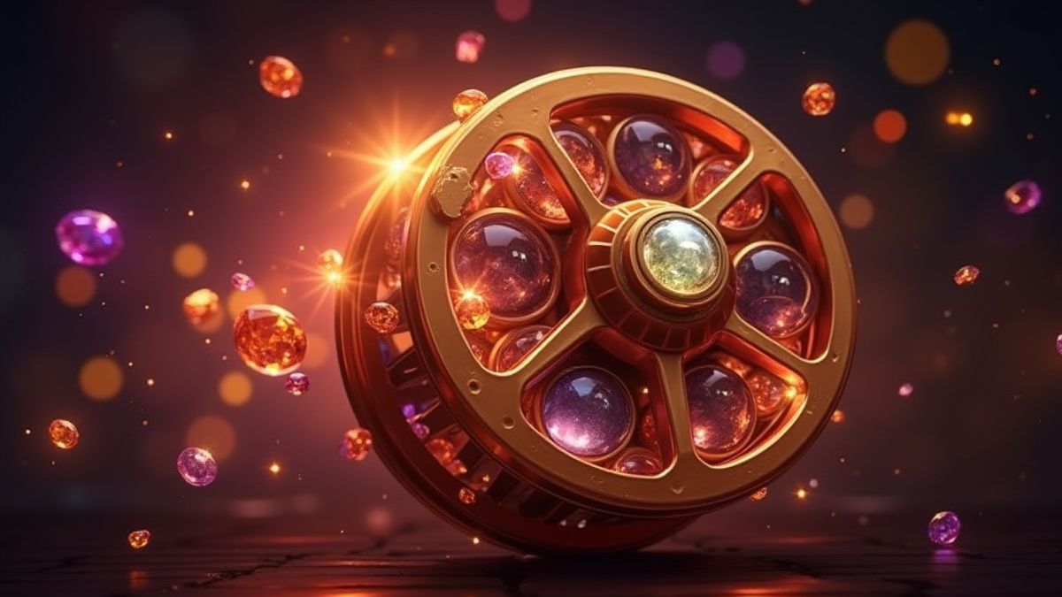 Carretes girando con gemas brillantes en movimiento.