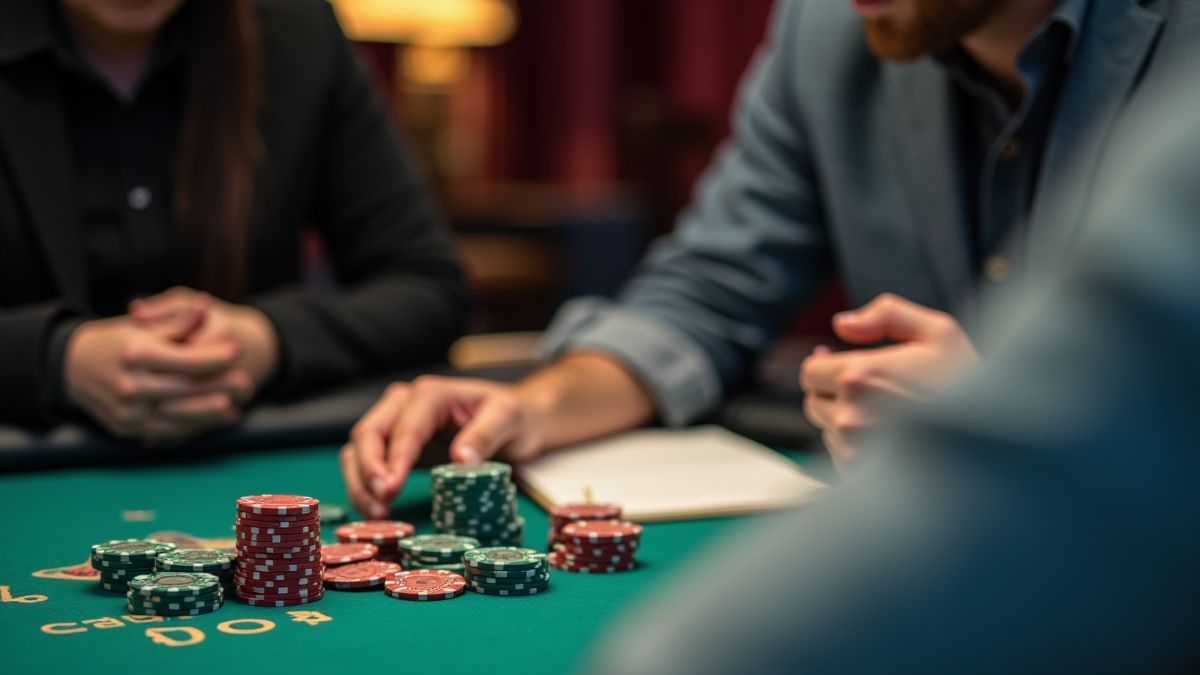 Jugador organizando fichas de casino y tomando notas.