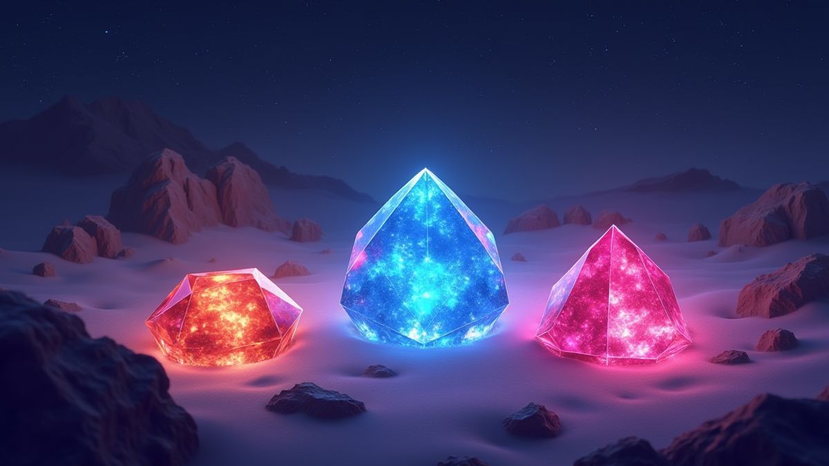 Gemas brillantes en un entorno cósmico con un fondo estrellado.