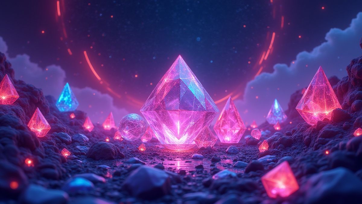 Escena cósmica vibrante con gemas resplandecientes y luces de neón.