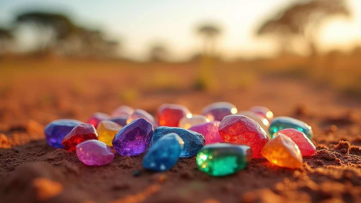 Gemas brilhantes sobre solo africano seco com árvores de savana.