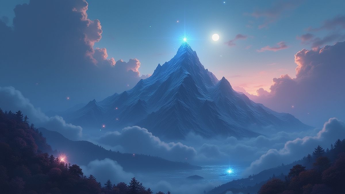 Monte Olimpo rodeado de nubes y gemas brillantes.