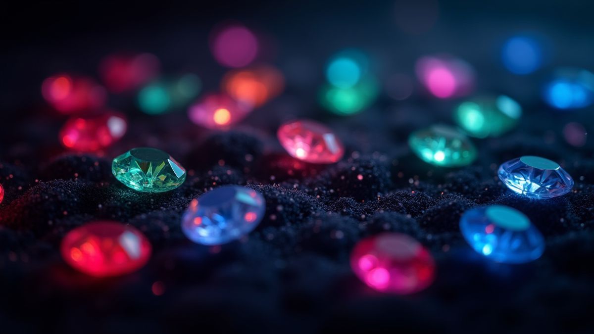 Gemas brillantes en varios colores sobre un fondo de terciopelo oscuro.