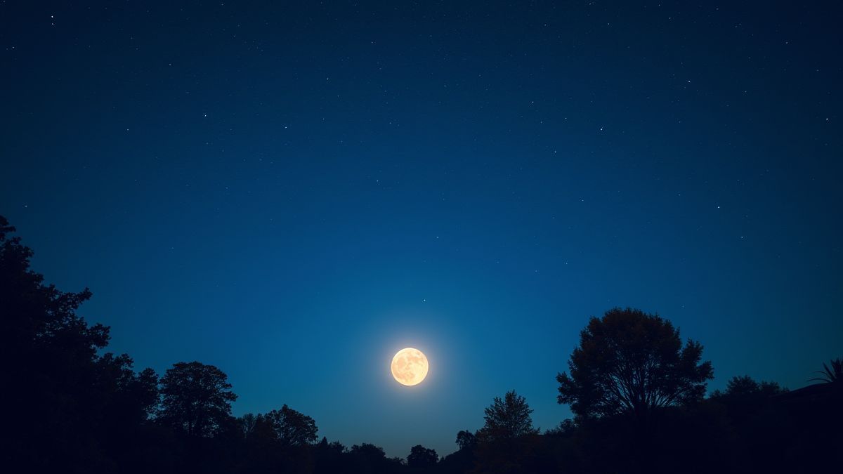 Un cielo nocturno encantador lleno de estrellas y una luna brillante, con siluetas de árboles abajo.