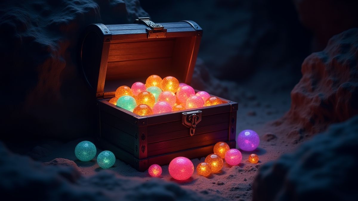 Un cofre del tesoro lleno de gemas brillantes en una cueva oscura.