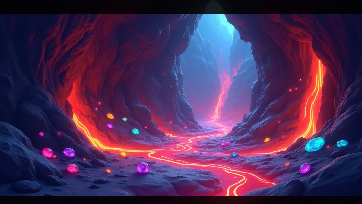 Eine magische Höhle voller Edelsteine und Lava.