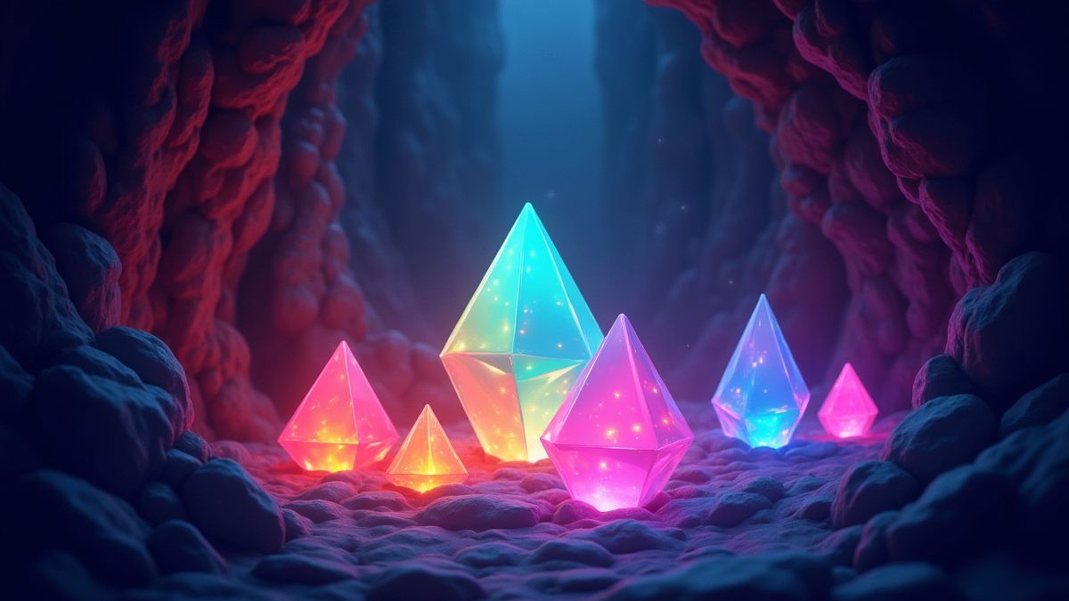 Edelsteine leuchten in Regenbogenfarben in einer magischen Höhle.