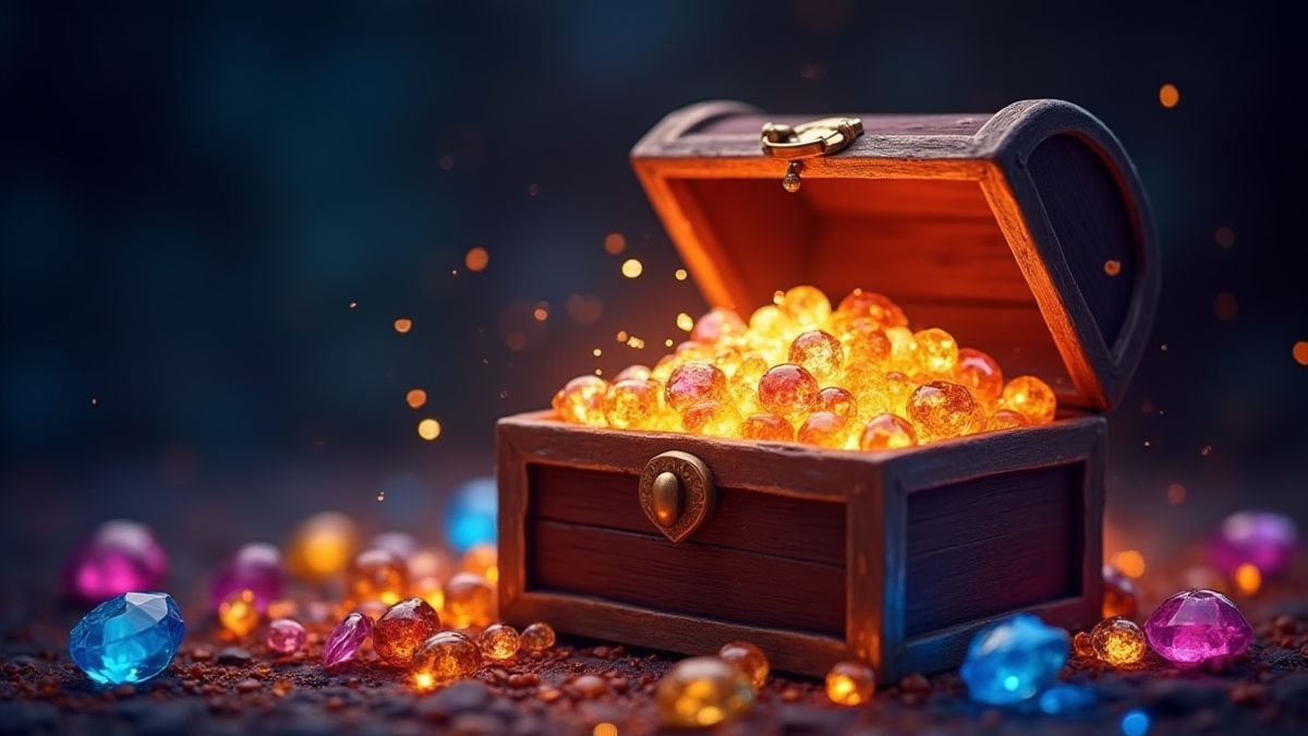 Un cofre magique lleno de tesoros brillantes y gemas.