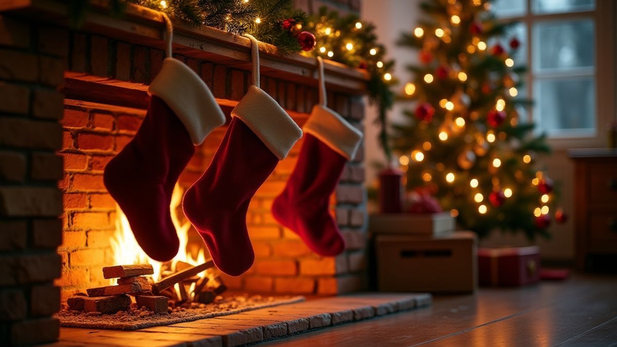 Kamin dekoriert mit Weihnachtssocken und einem Weihnachtsbaum im Hintergrund.