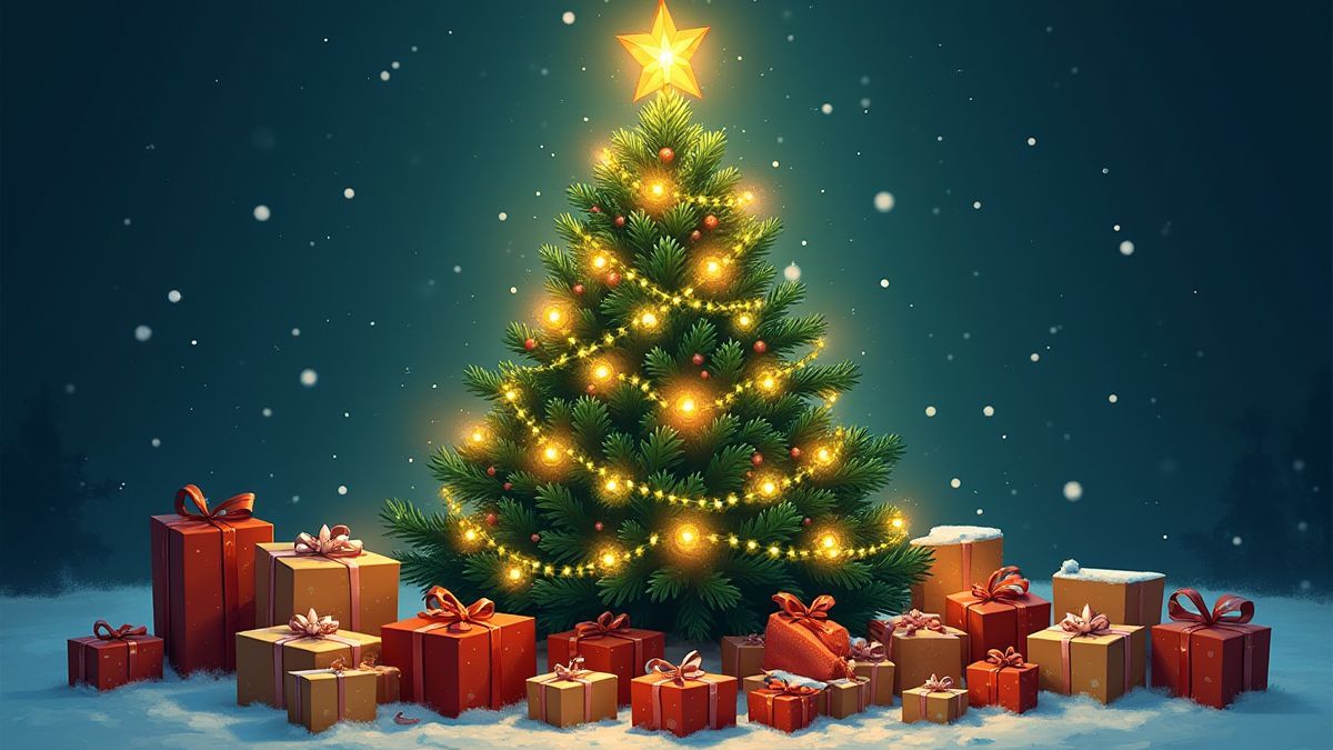 Weihnachtsbaum dekoriert mit Geschenken und leuchtenden Lichtern.