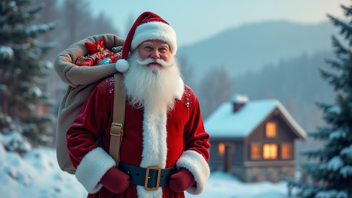 Santa Claus mit einem Sack voller Geschenke in einem verschneiten Dorf.