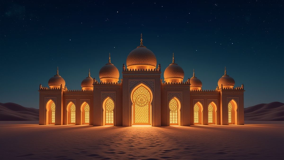 Ein goldener arabischer Palast unter einem sternenklaren Himmel.
