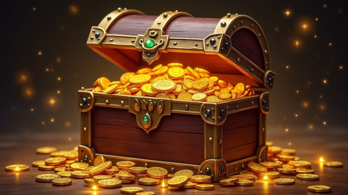 Eine Schatzkiste voller Goldmünzen und funkelnden Edelsteinen.