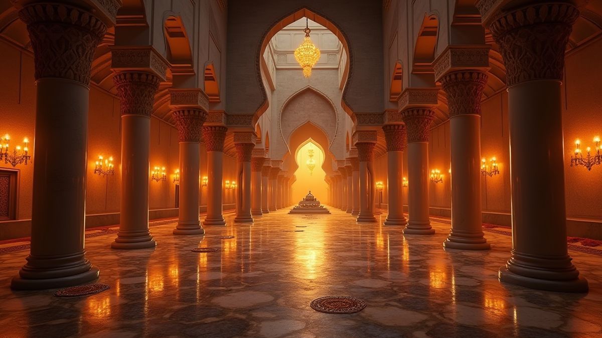 Um palácio do Oriente Médio cercado de lâmpadas e tesouros.