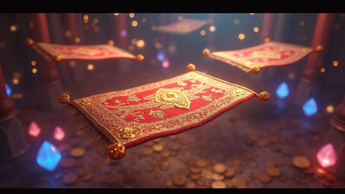 Alfombras mágicas flutuando ao lado de moedas de ouro e gemas brilhantes.
