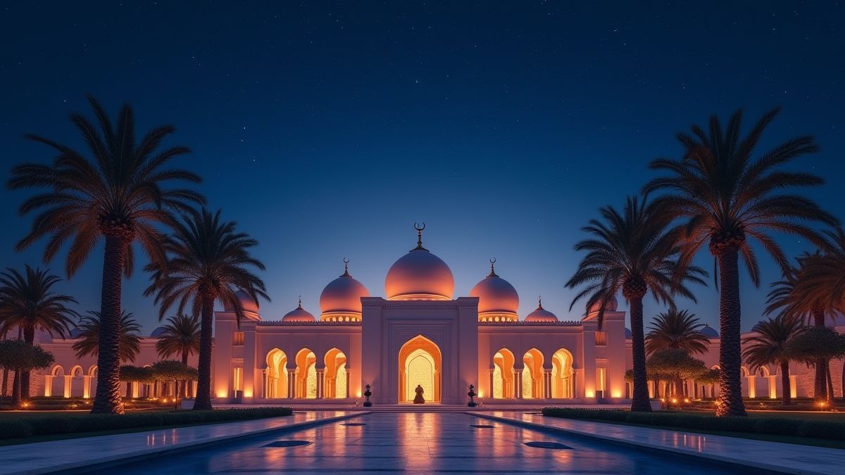 Um palácio árabe rodeado de palmeiras sob um céu estrelado.