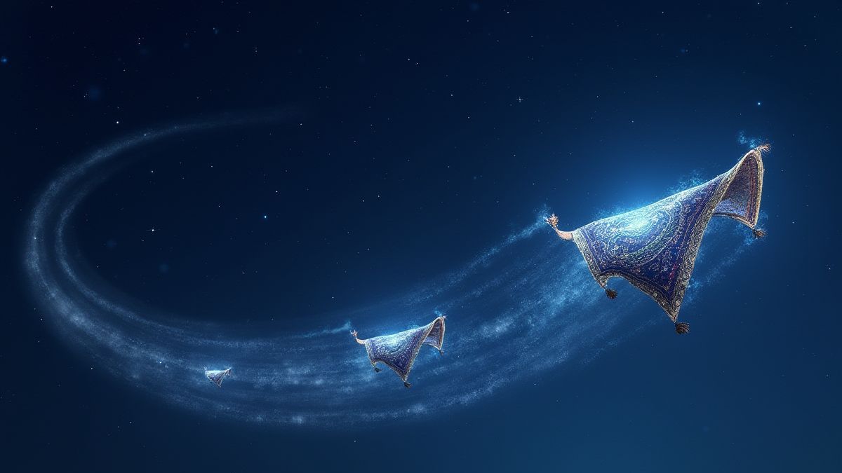 Alfombras mágicas volando en un cielo nocturno estrellado con destellos brillantes.