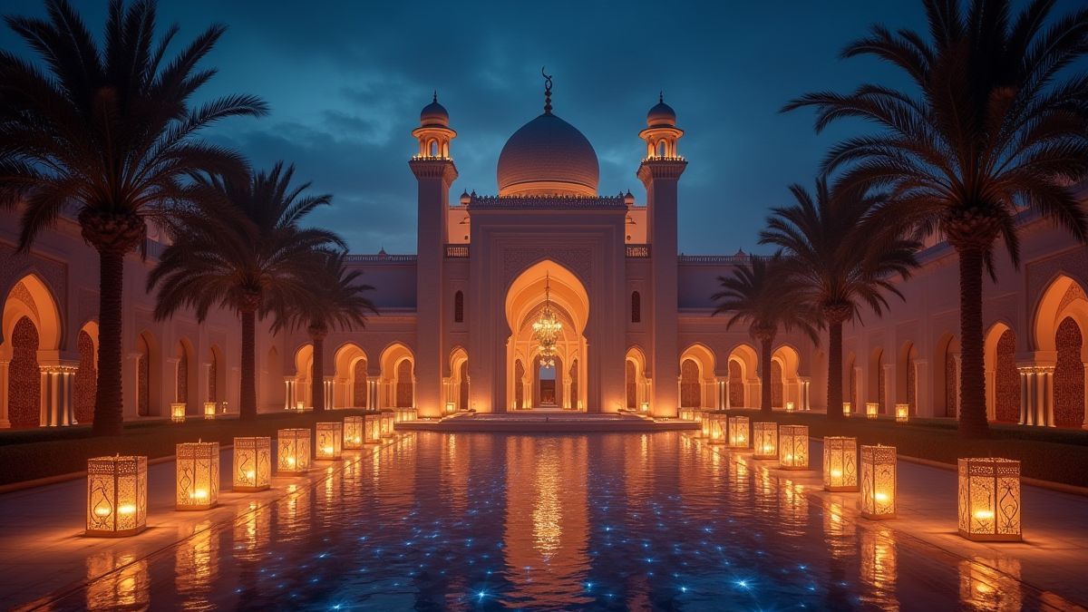 Palais arabe illuminé par des lanternes brillantes.