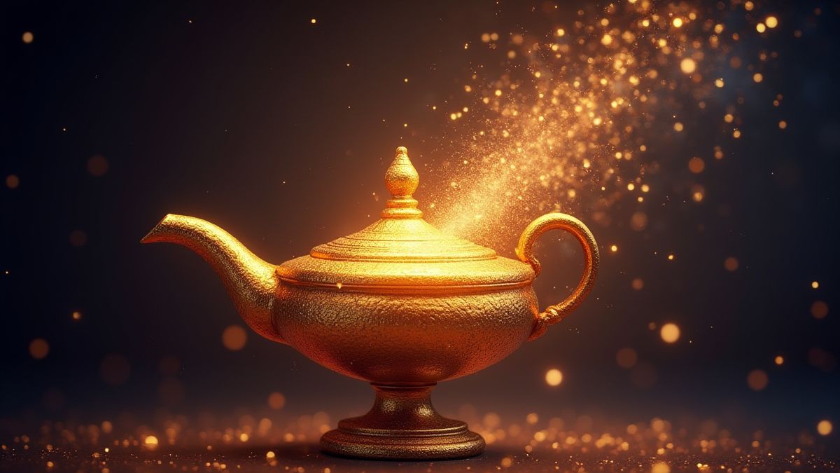 Lampe dorée libérant des éclats magiques.