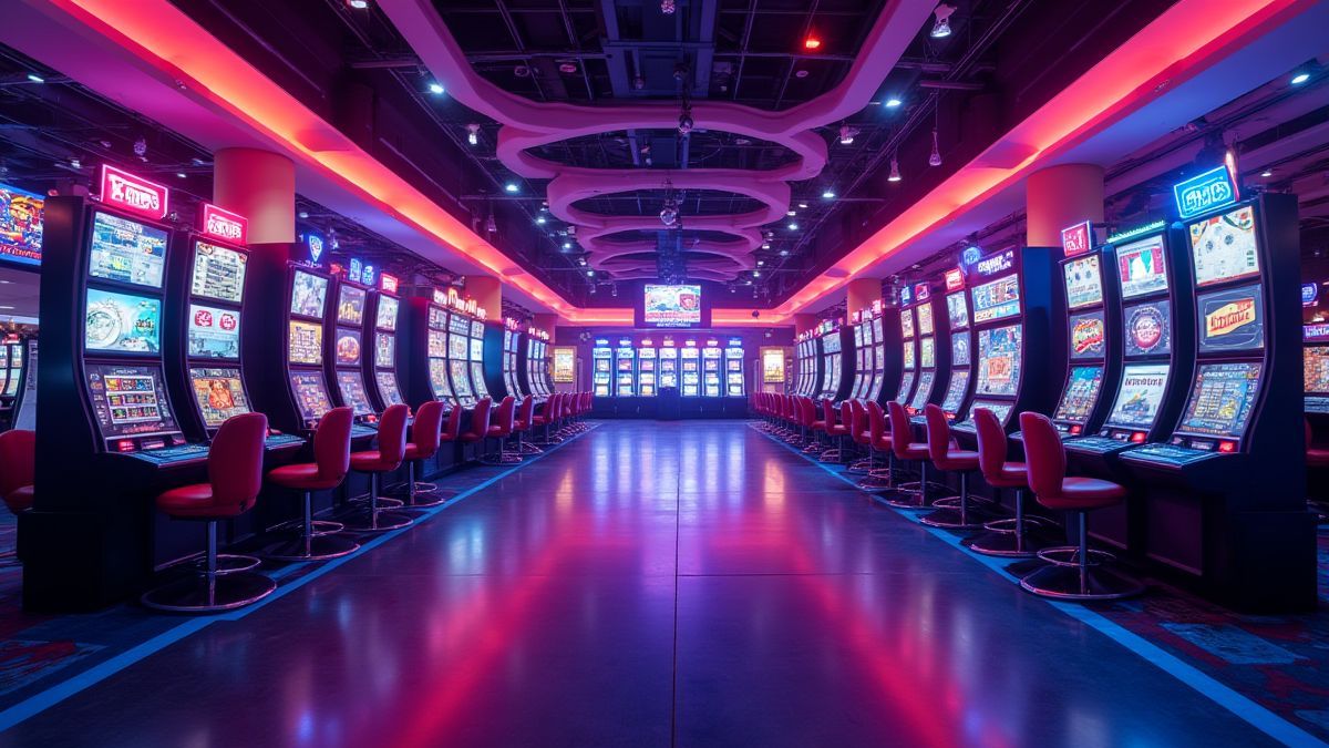 Een futuristisch casino verlicht met levendige lichten.
