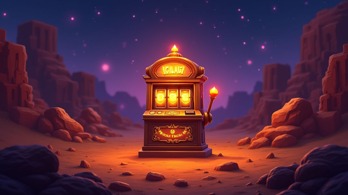Máquina tragamonedas brilhante em um deserto místico.