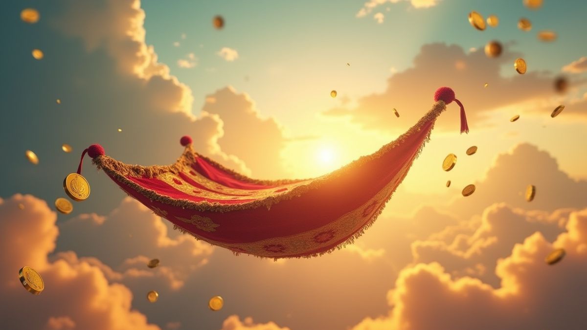 Alfombra mágica voando entre moedas douradas.