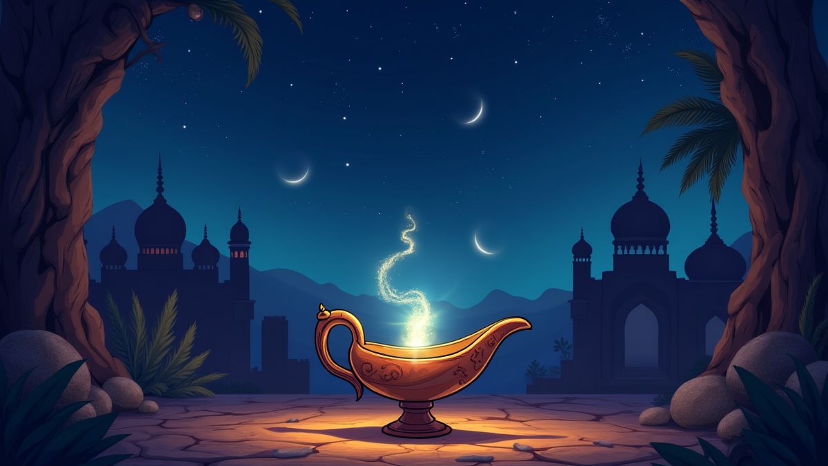 Escena nocturna árabe con una lámpara brillante y un genio apareciendo.