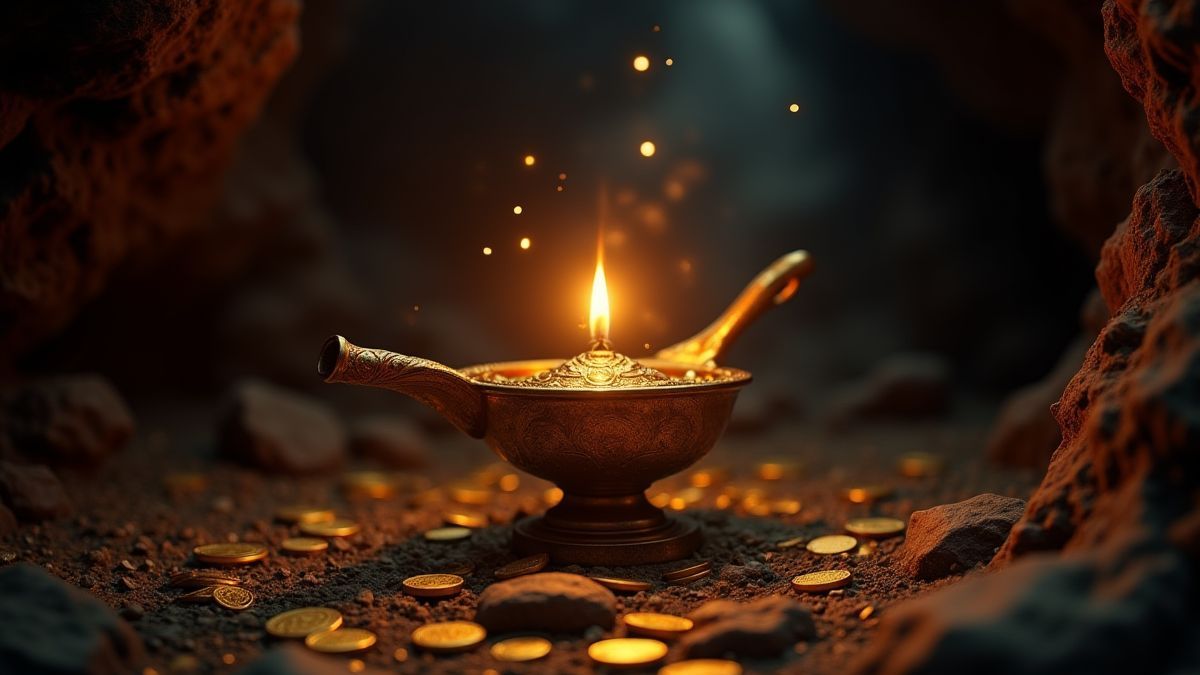 Lámpara mágica brillando en una cueva oscura rodeada de monedas de oro.
