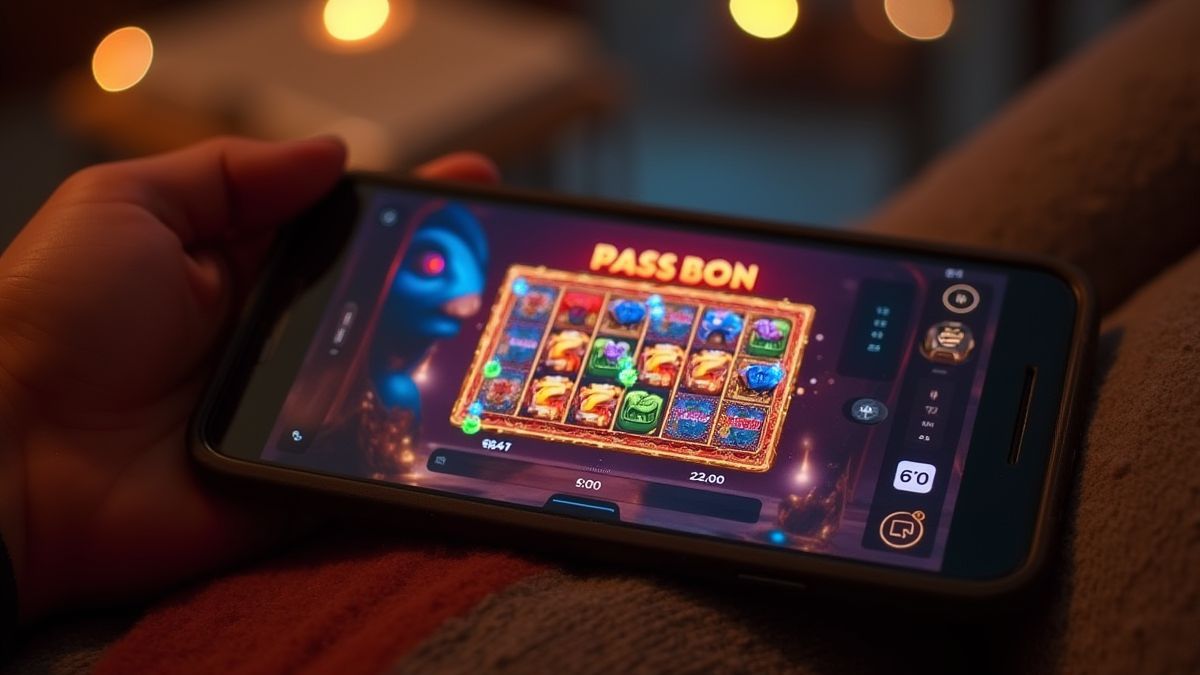 Configuración de juegos acogedora con un smartphone mostrando un slot vibrante.