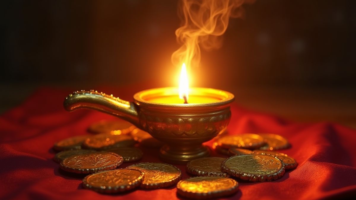 Lámpara mágica brillante sobre tela de seda rodeada de monedas de oro.