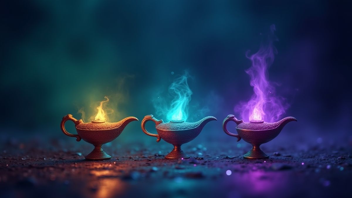 Tres lámparas mágicas brillando en colores verde, azul y púrpura sobre un fondo místico.