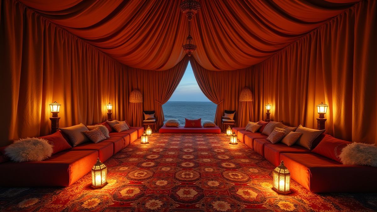 Ein luxuriöses arabisches Zelt mit Kissen, Laternen und reichen Stoffen.