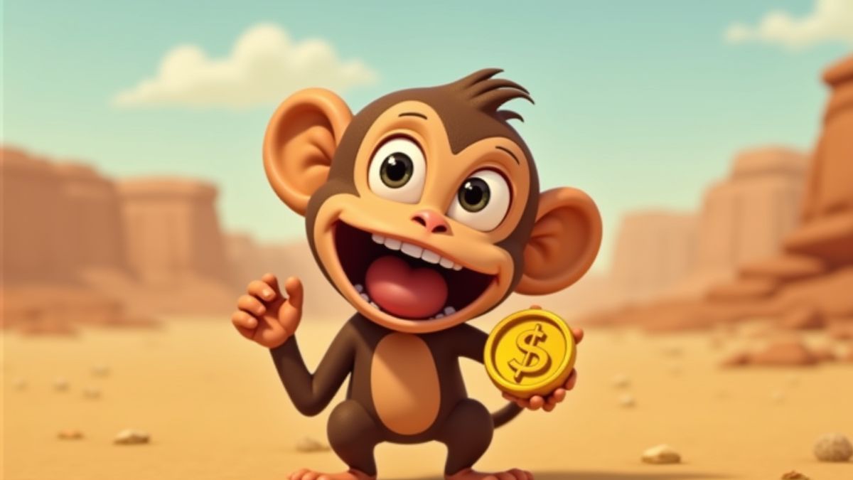 Ein verspielter Affe hält eine goldene Münze in einer Wüstenlandschaft.